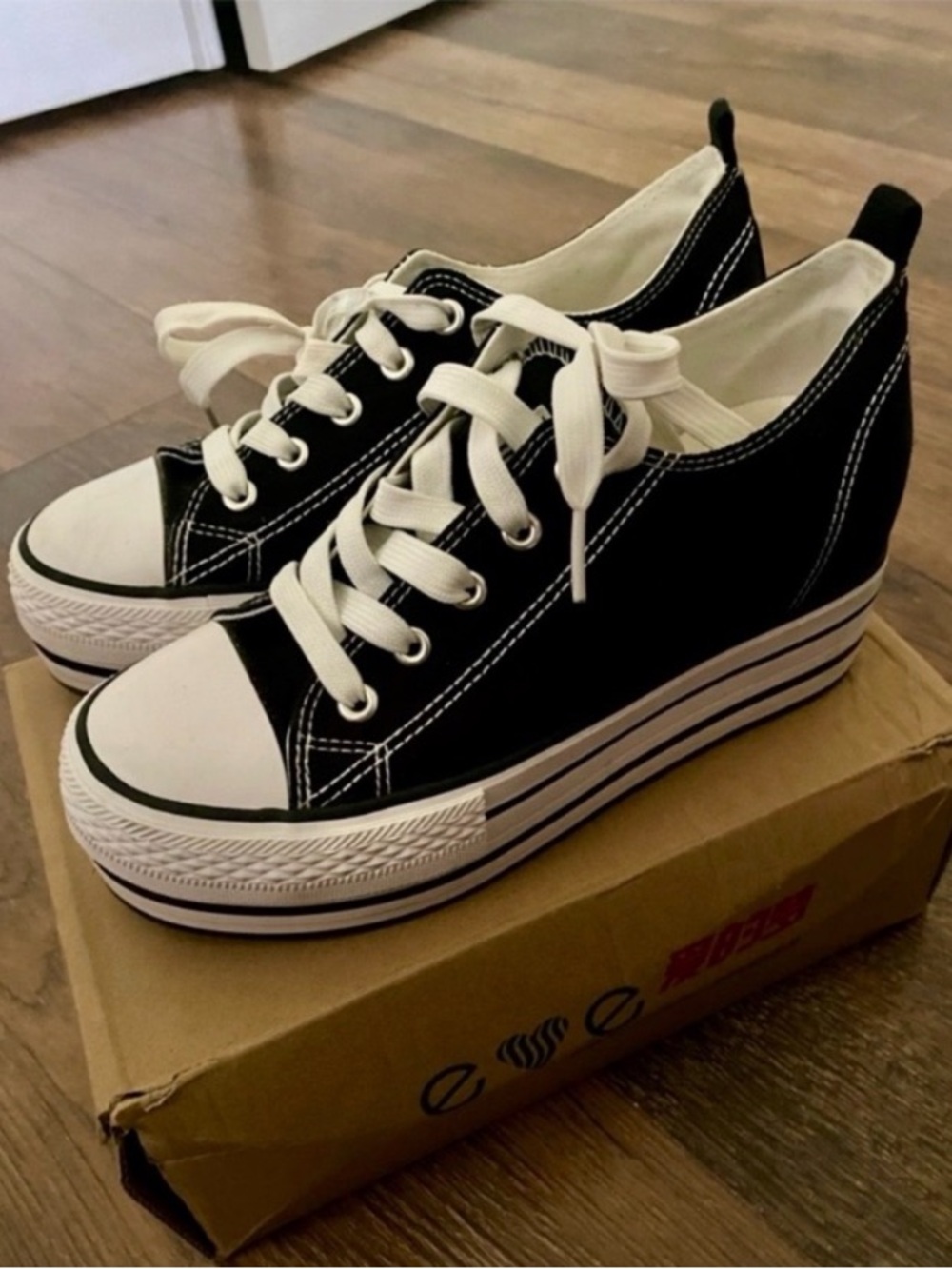 Black Canvas Platform Wedge Sneakers, 3” Height-Hidden Heel, Size 7